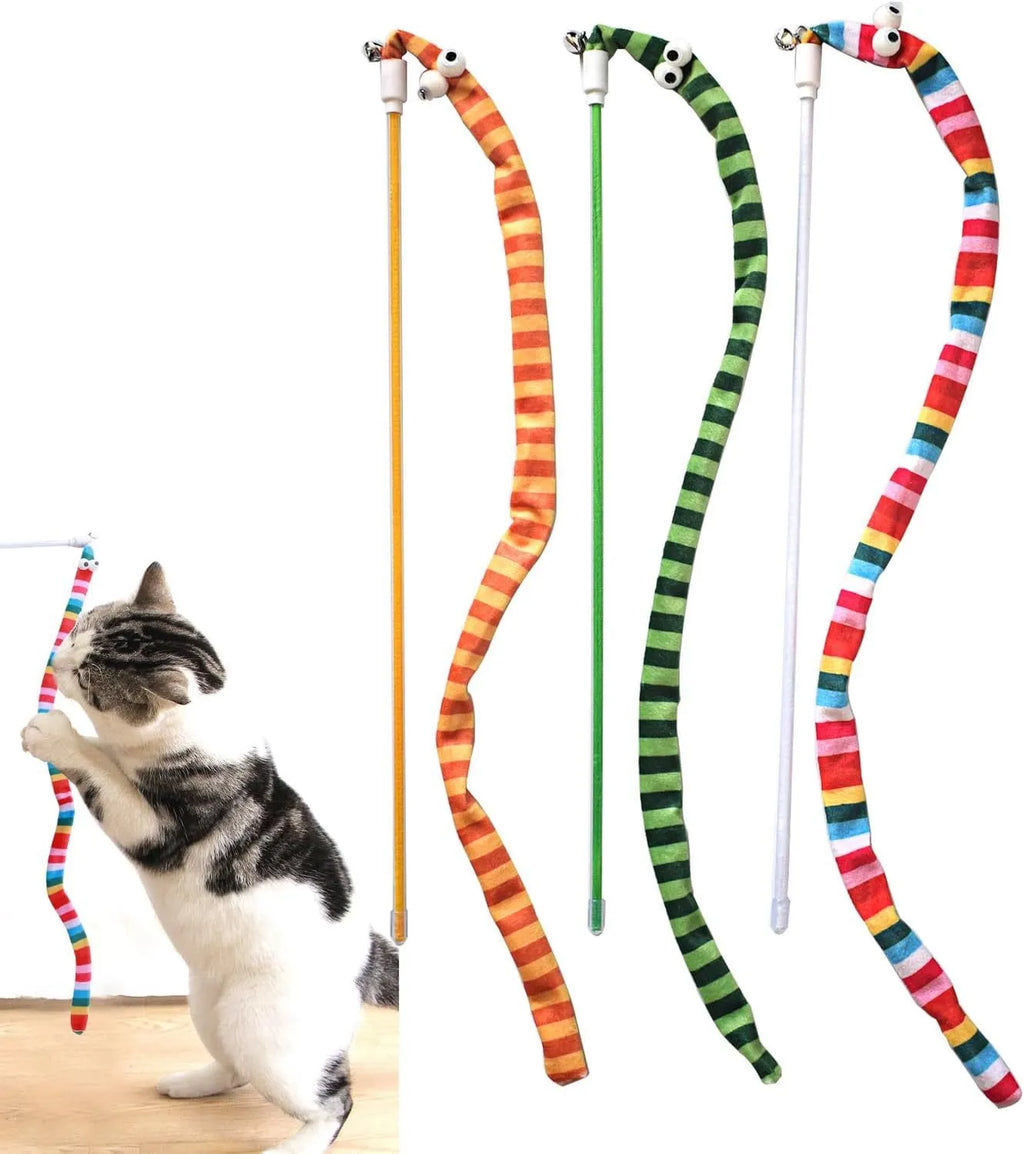 Long cat wand toy with a colourful plush strip and bell for interactive play with cats