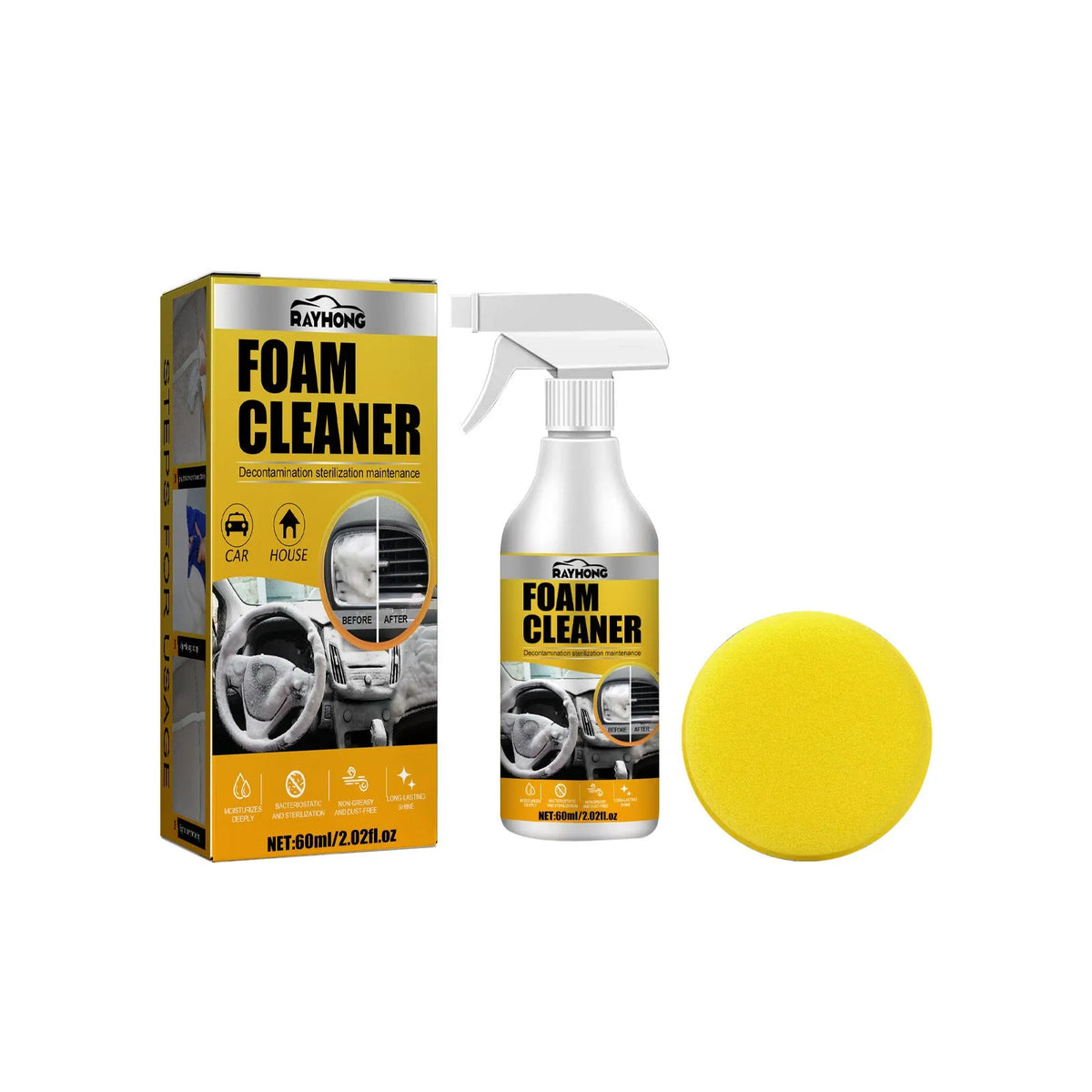 Car interior wash-free decontamination foamed cleaner 60ml in box with sponge