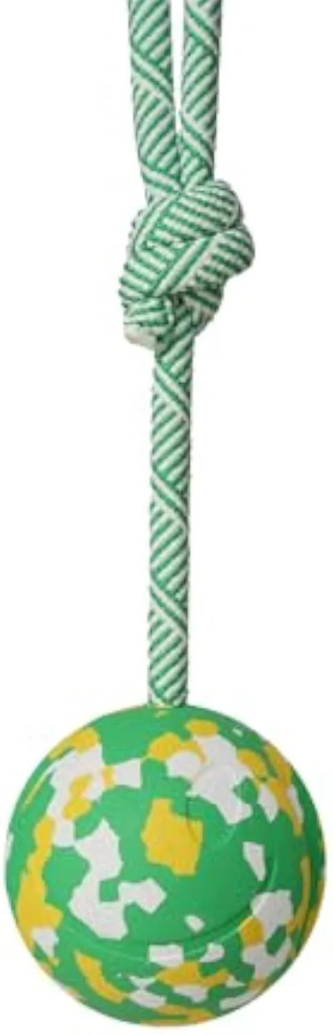 Natural rubber dog ball attached to nylon rope toy for medium and small dogs in two size options
