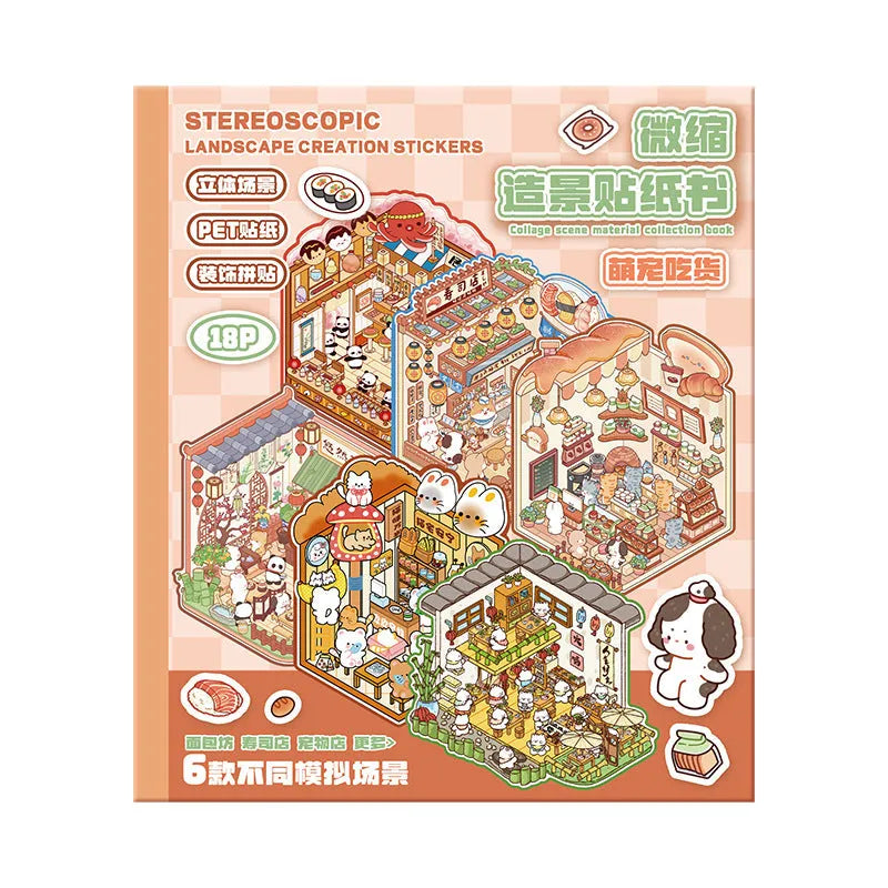 3D stereo miniature cottage landscaping stickers made of clear PET material with cartoon animal designs