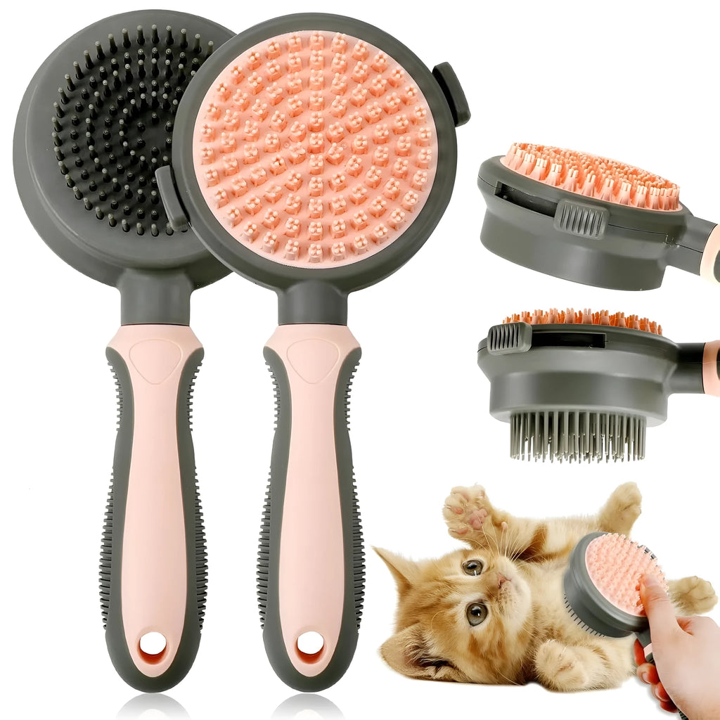 Double-sided pink cat brush with release button and matching flea comb for pet grooming