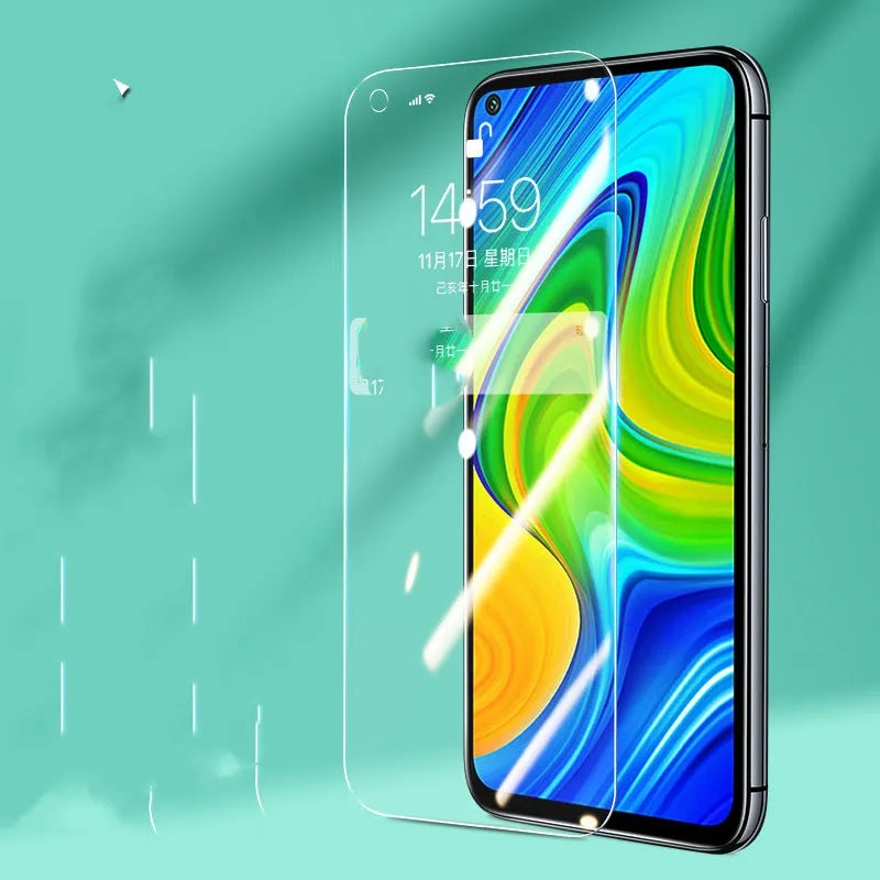 A full-screen tempered glass screen protector for Xiaomi smartphones, shown with anti-scratch and anti-fingerprint features.