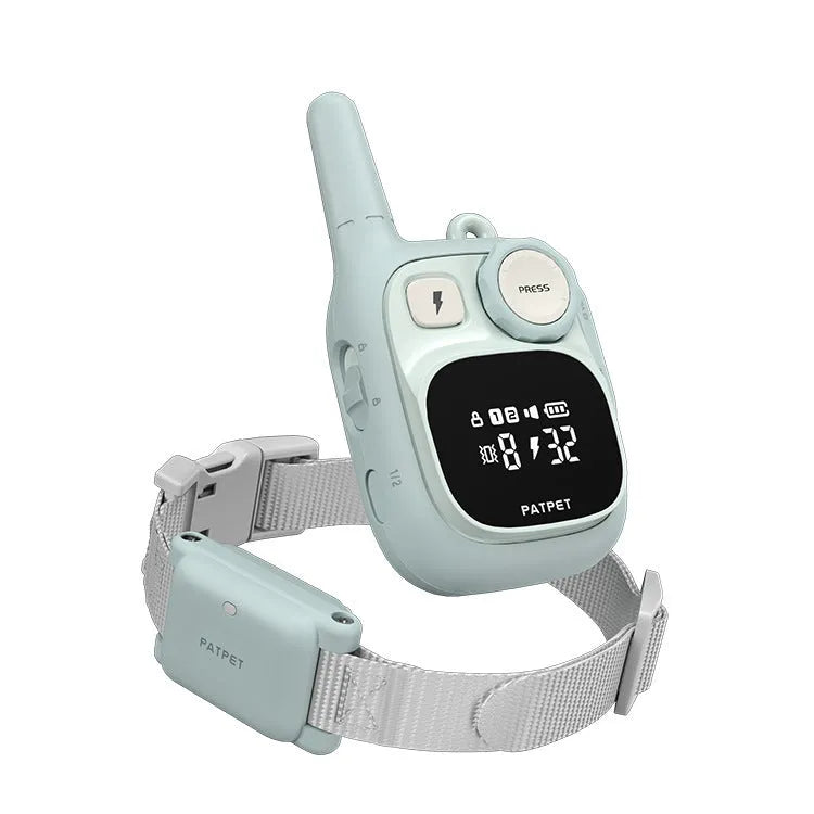 Light blue remote control dog bark stopper training collar with ABS plastic body and 600m range