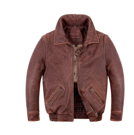 Men's old brown genuine cowhide leather flight suit jacket with ribbed hem and zipper