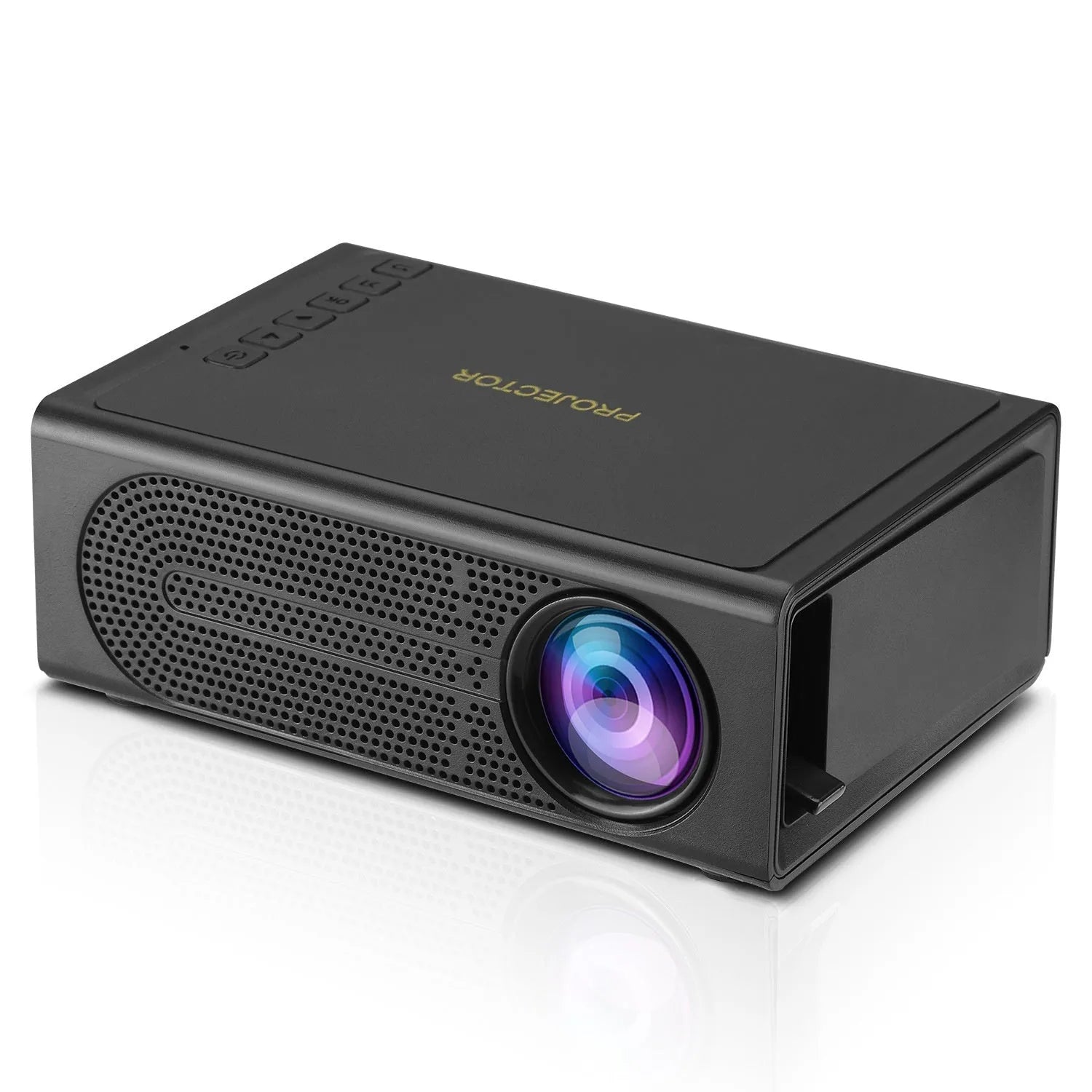 Black and white portable mini projector with lens and connection port for wired mobile phone screen mirroring.