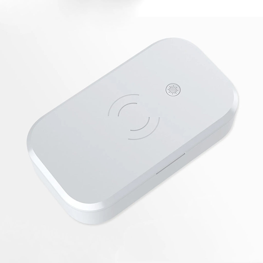 Ultraviolet disinfection box for nail tools with wireless phone charging in white, blue, green, or pink colours