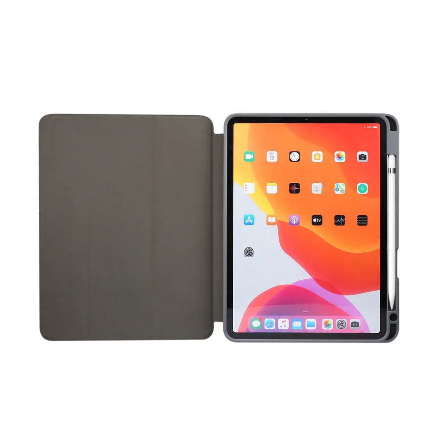 Imitation leather tri-fold iPad case in dark grey with marbling pattern, showing card slots and folded stand position.