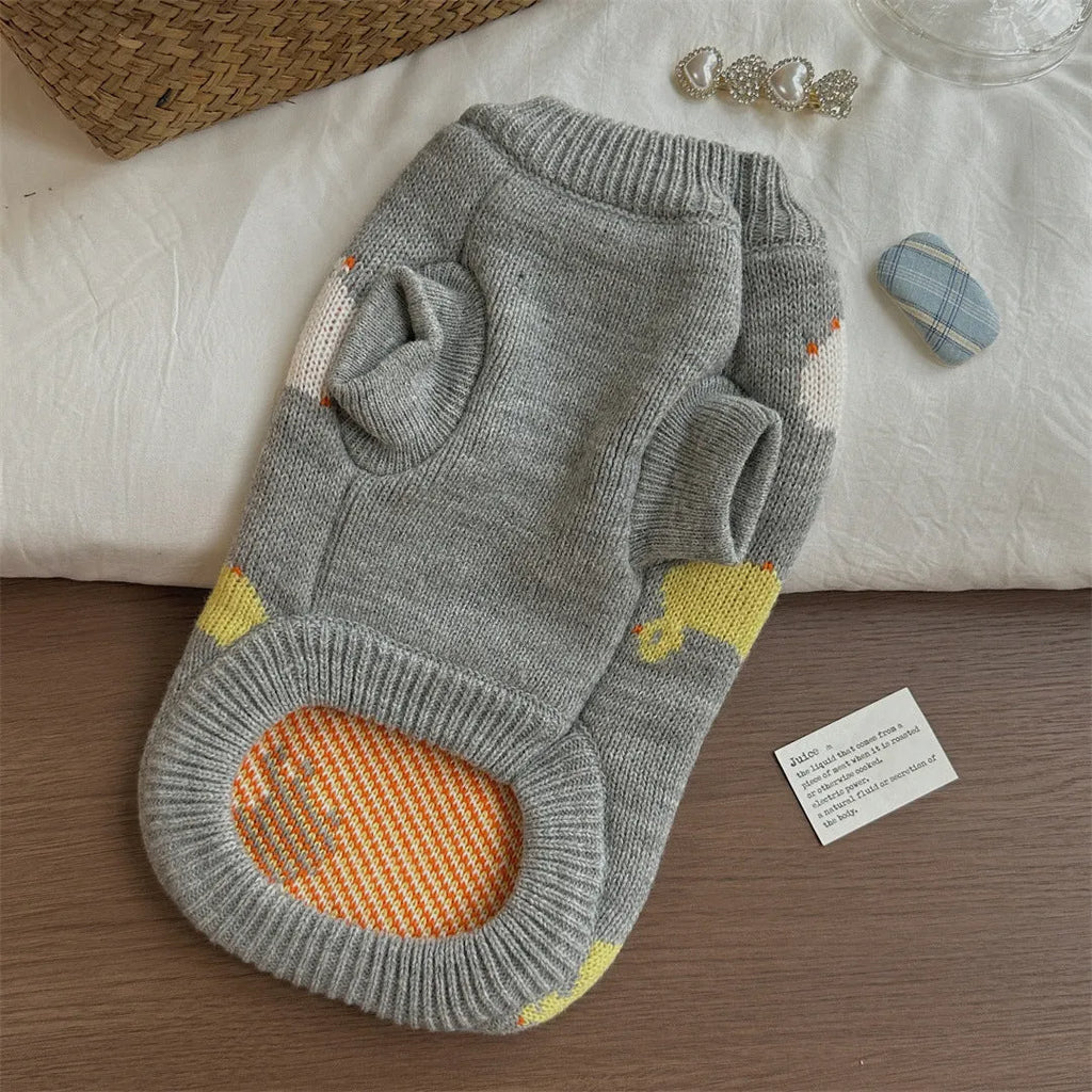 Grey Fair Isle polyester sweater for little dogs and teddy breeds, autumn winter pet clothing