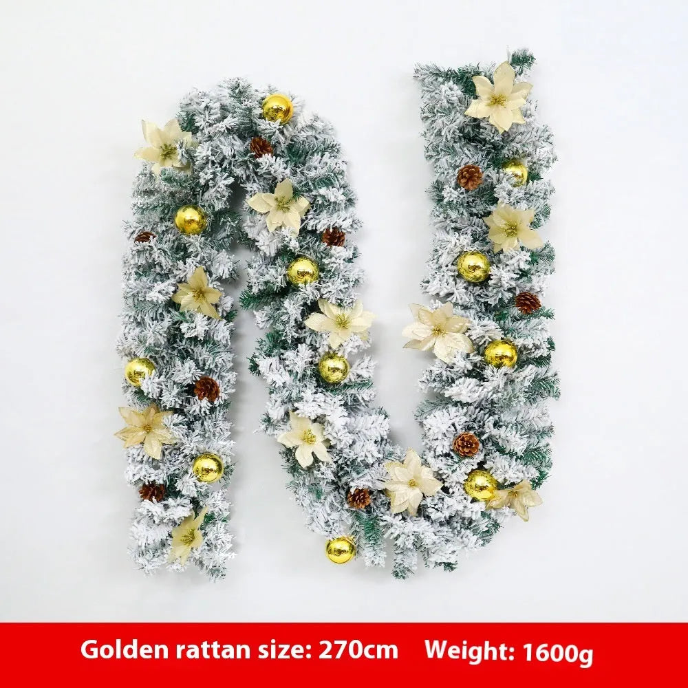 American-style flocked rattan Christmas garland in red, draped over a mantelpiece.
