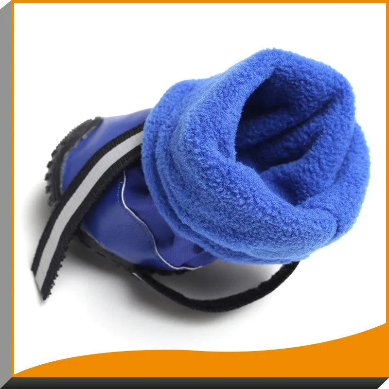 Waterproof pet rain boots in blue with reflective straps and flannel lining for medium to large dogs