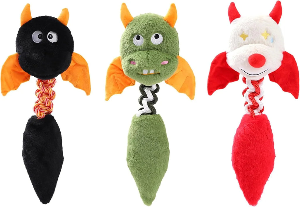 Large black plush dog toy with cartoon shape, rope knot, and squeaker for aggressive chewers.