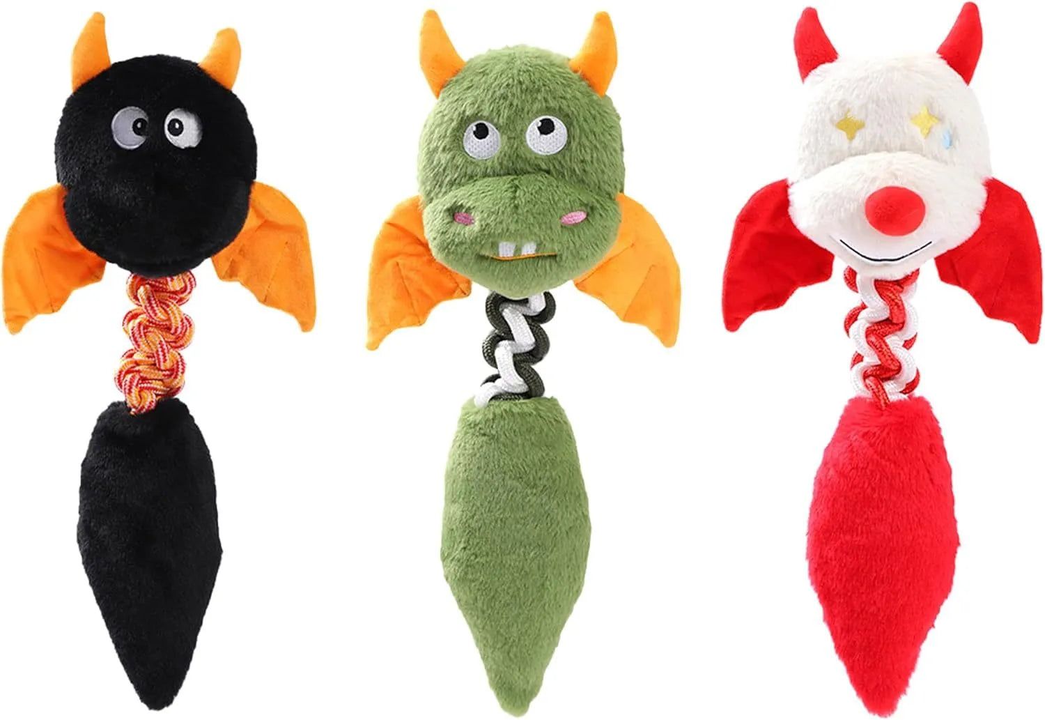 Large black plush dog toy with cartoon shape, rope knot, and squeaker for aggressive chewers.