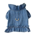 Blue denim dog dress with ruffles and leash attachment points on chest and back