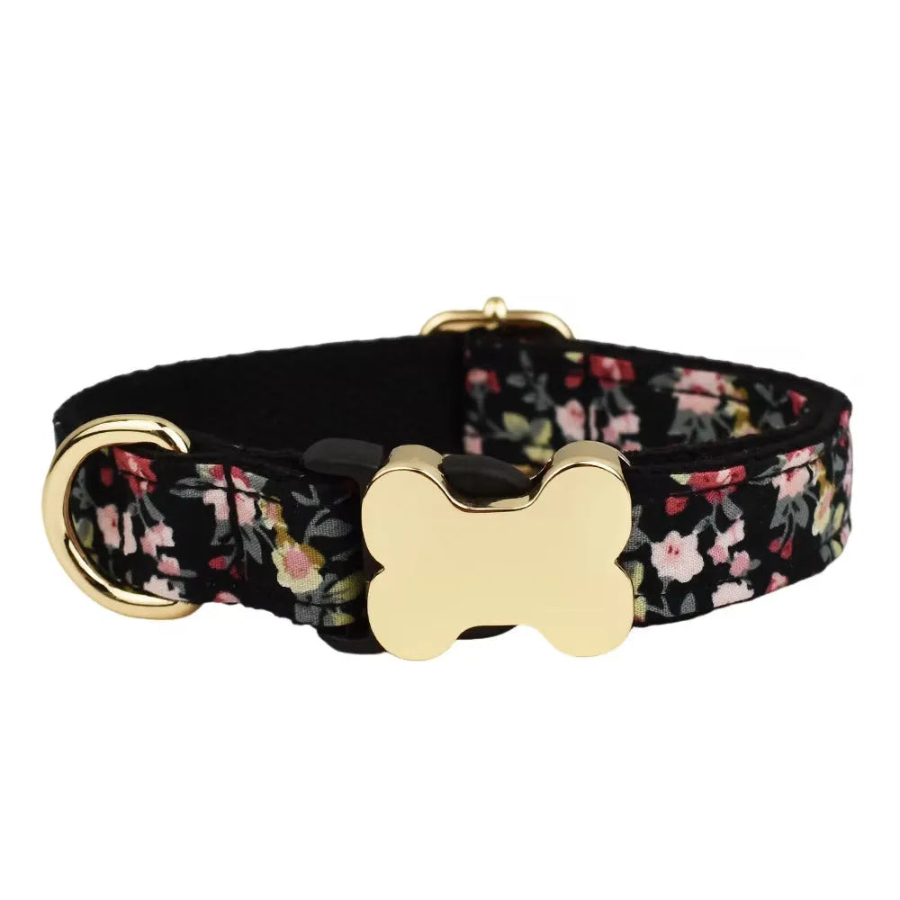 Flat fabric printed grid nylon dog collar with bone buckle closure in multiple colours