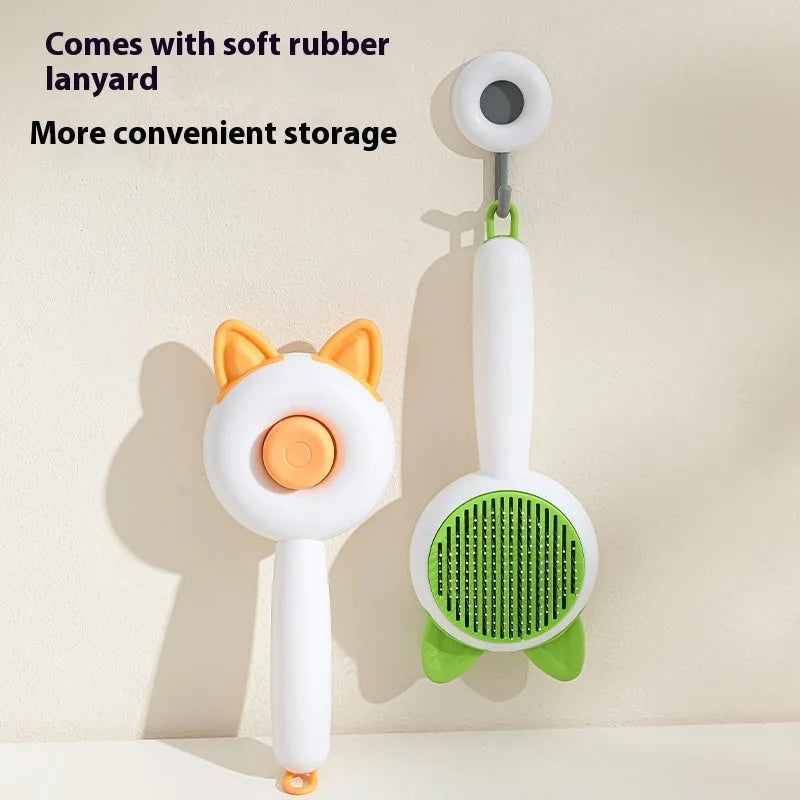Self-cleaning cat grooming brush with stainless steel teeth and TPR massage nodes in two-tone colours