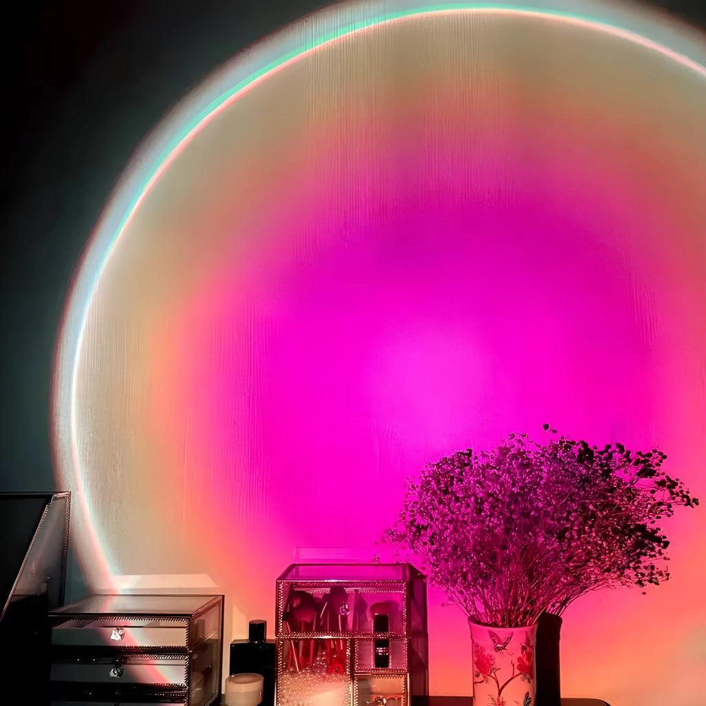 Sunset red rechargeable projection lamp showing rainbow colour light effects