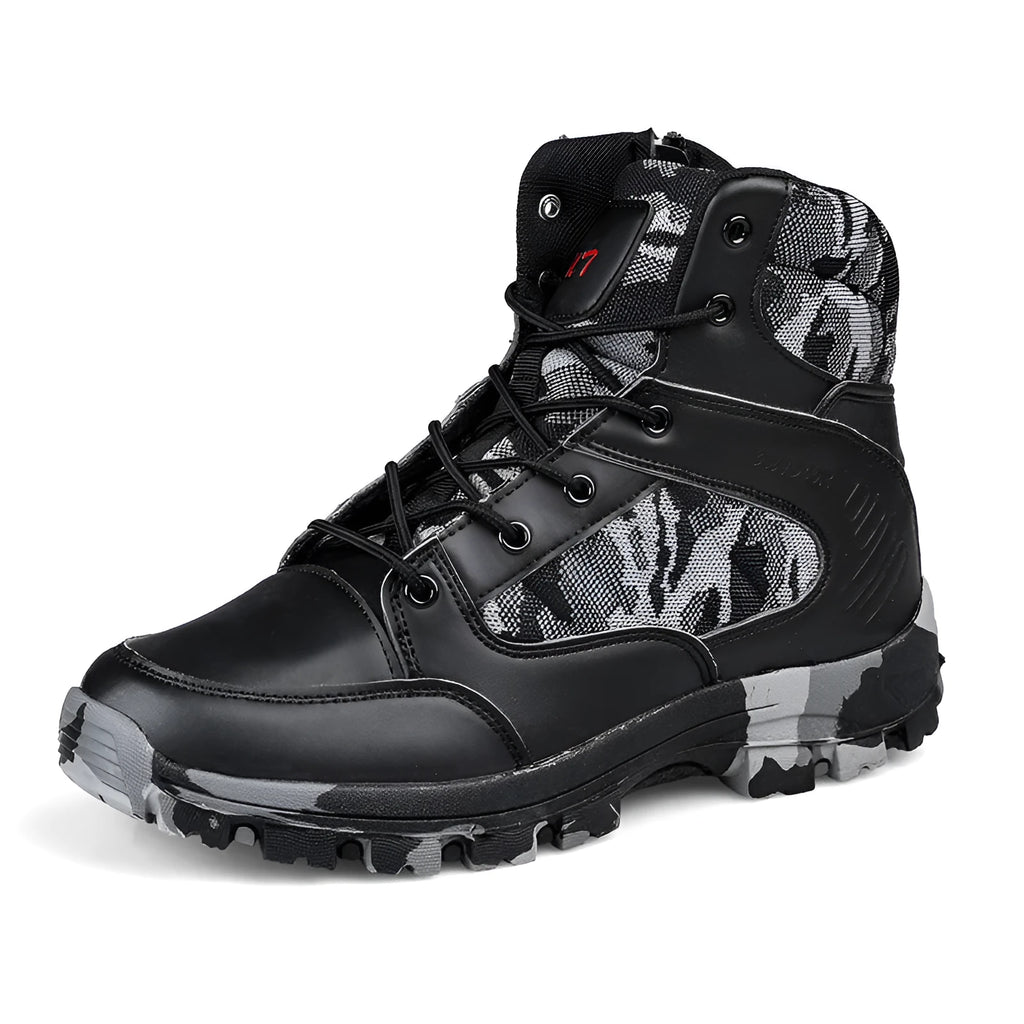 Men's black and camouflage high-top hiking shoes with PU upper and metal details.