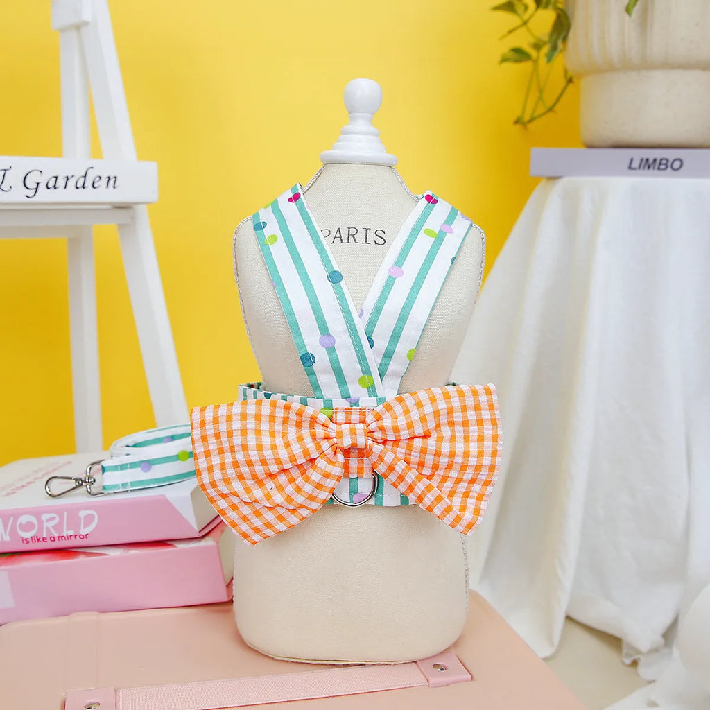 Pet clothing vertical bar bow chest back cotton dog vest shirt with leash green stripes