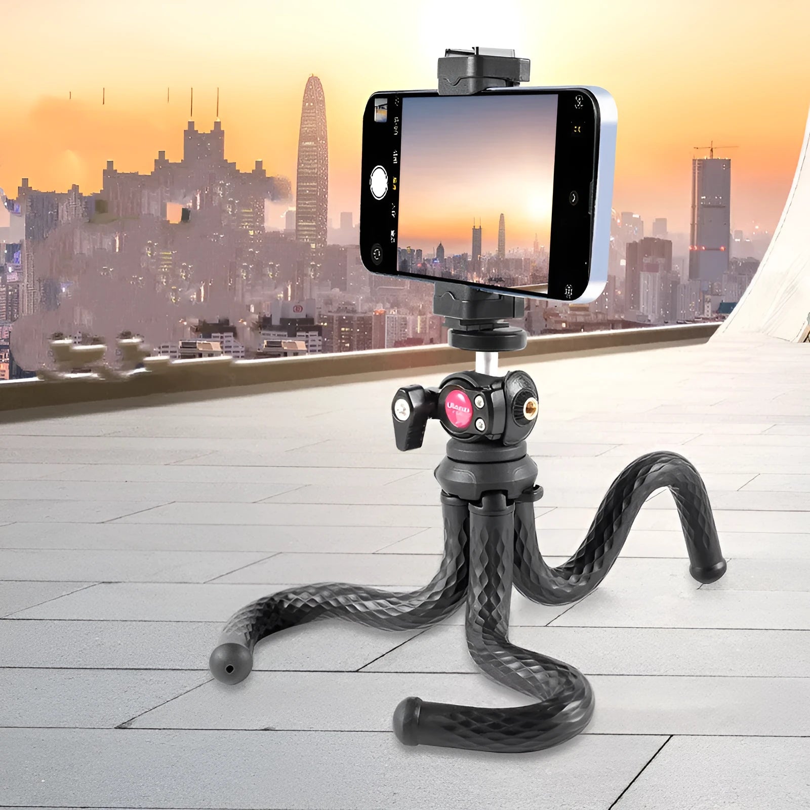 Black flexible octopus tripod with phone clip extended to 360mm