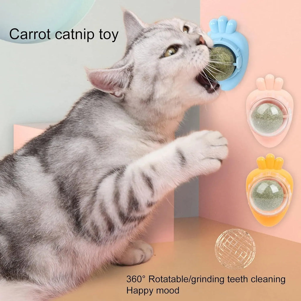 Blue carrot-shaped self-adhesive catnip toy for wall mounting and teeth cleaning.