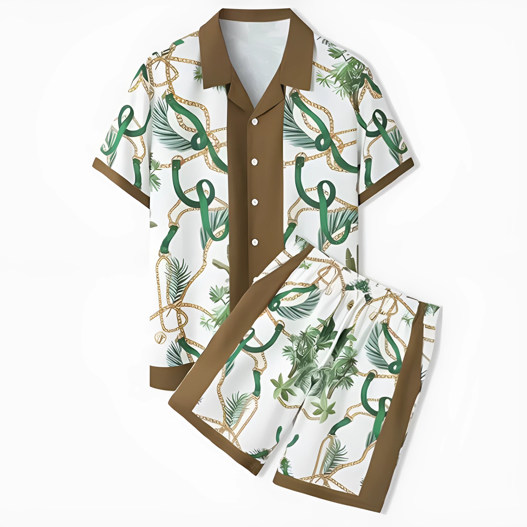 Men's plaid beach outfit with short sleeve shirt and matching trousers on hanger