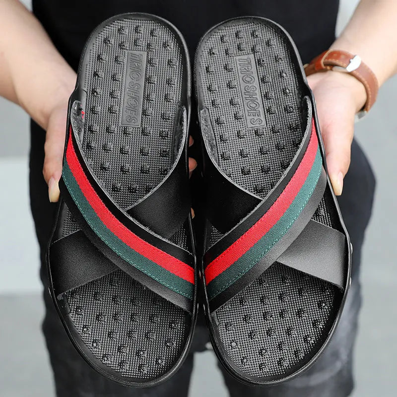 Men's cowhide leather flip-flop sandals with a PU sole in black, blue, or white.