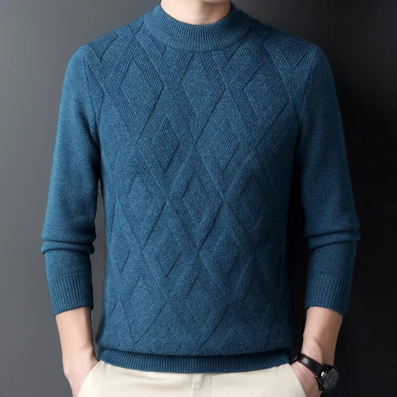 Men's diamond jacquard knit winter sweater in wool polyester blend, showing texture and pullover style