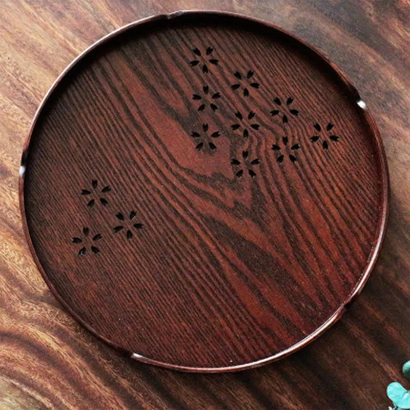 Wooden shallow dessert plate with hollow cherry blossom pattern measuring 30cm diameter