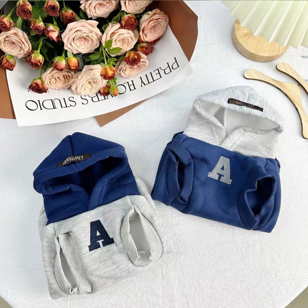 Blue and grey white pet hoodie with reflective letters for dogs and cats in slim-fitting design