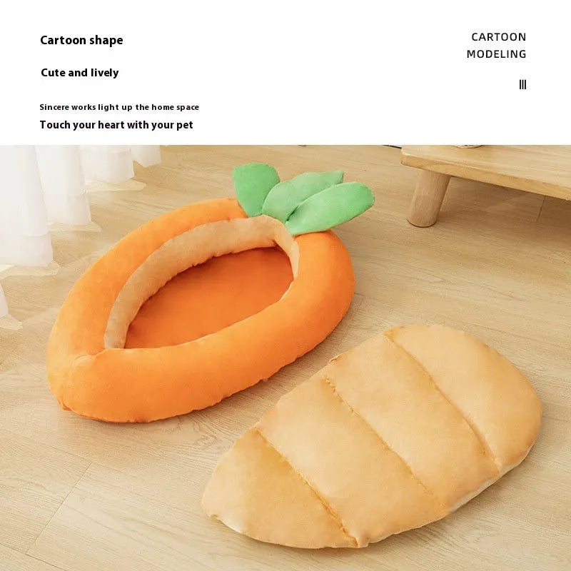 Cartoon carrot design double-sided dog bed with removable cover in medium and large sizes.