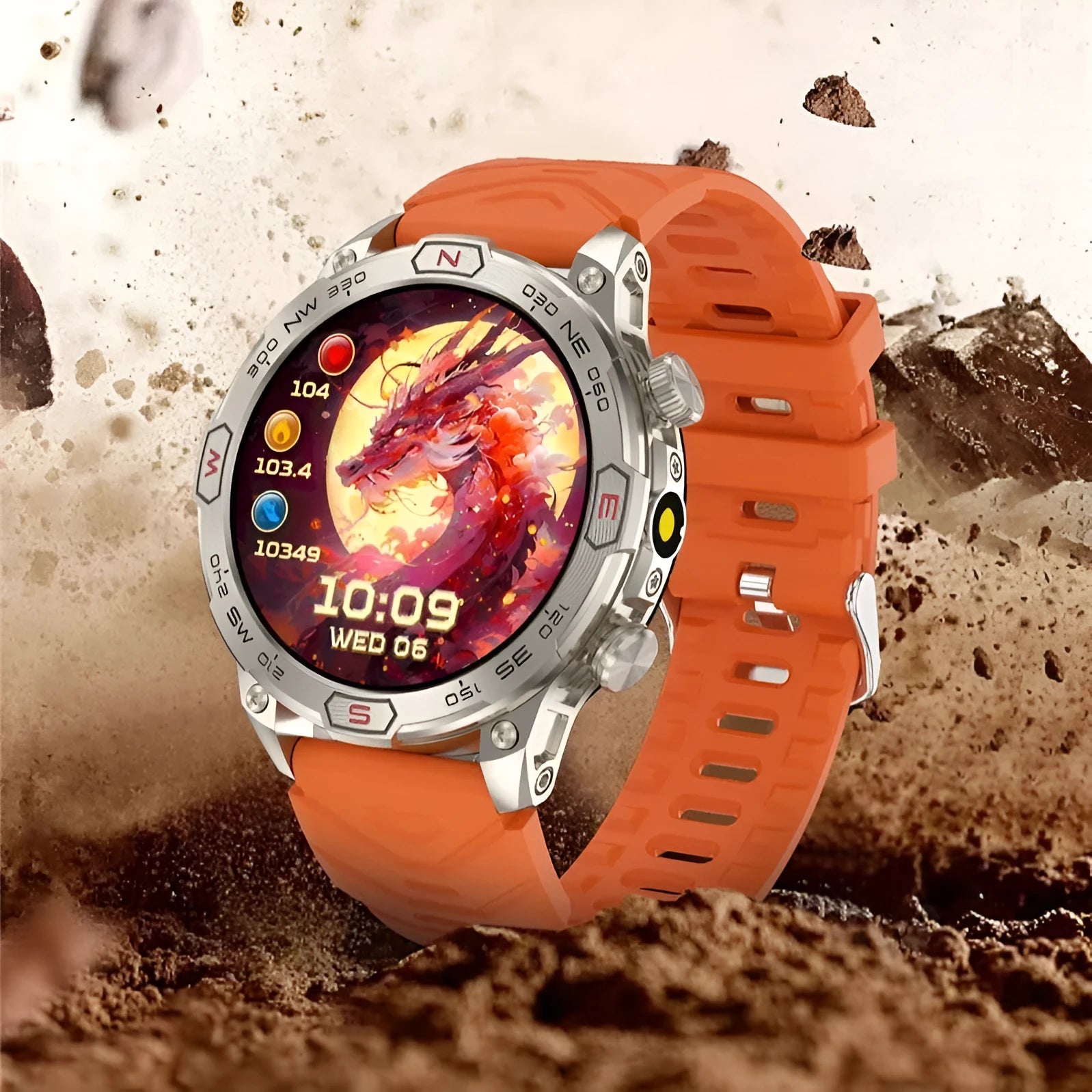 Black sports smartwatch with AMOLED screen on a silicone strap, showing fitness stats.