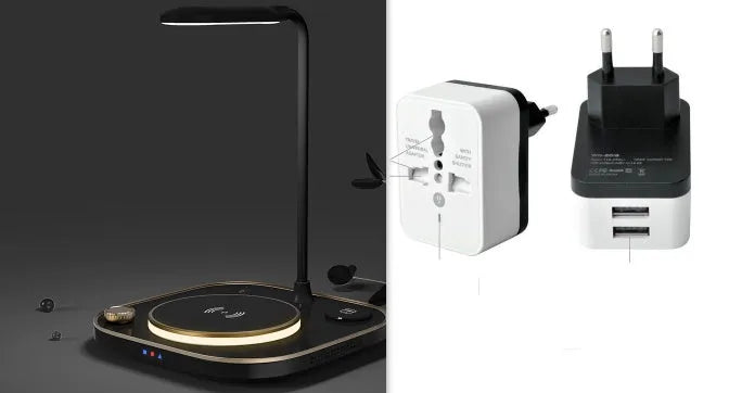 Black wireless charging desk lamp showing phone charging on magnetic surface with integrated lighting