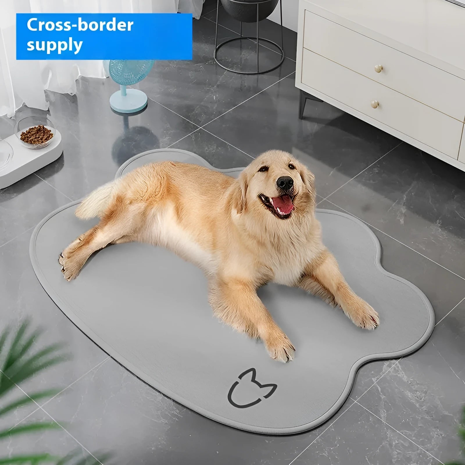 Dog head-shaped Ice Silk pet cooling mat on a hardwood floor, showing non-slip base and light gray colour.