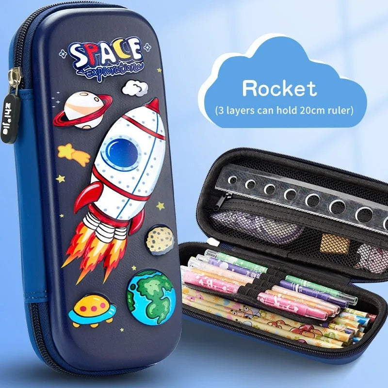 3D leather pencil case with embossed astronaut rocket pattern on surface