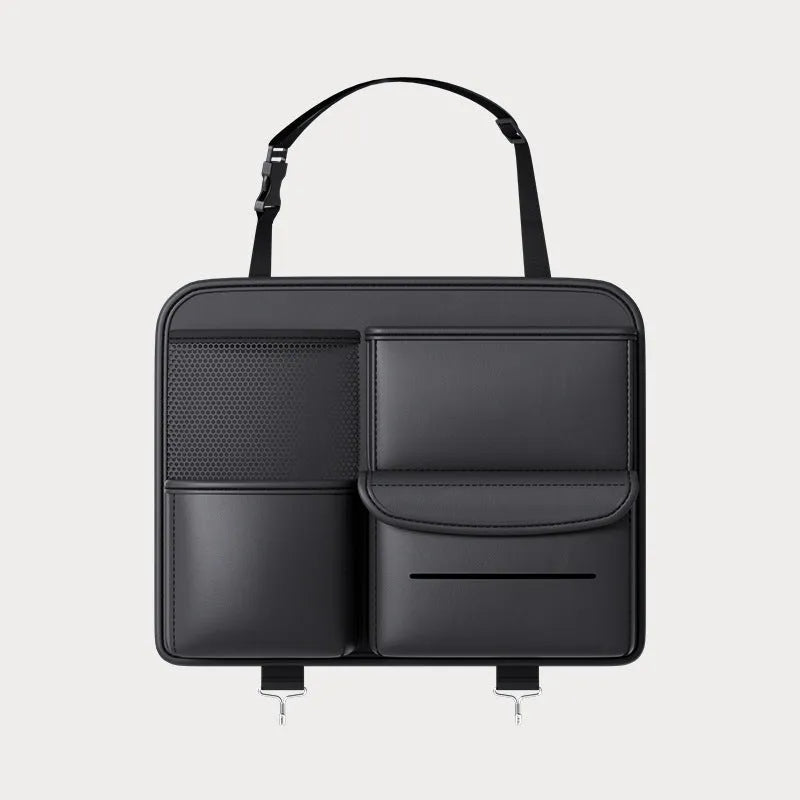 Black leather car seat back hanging storage bag with handle shown in large and small size options
