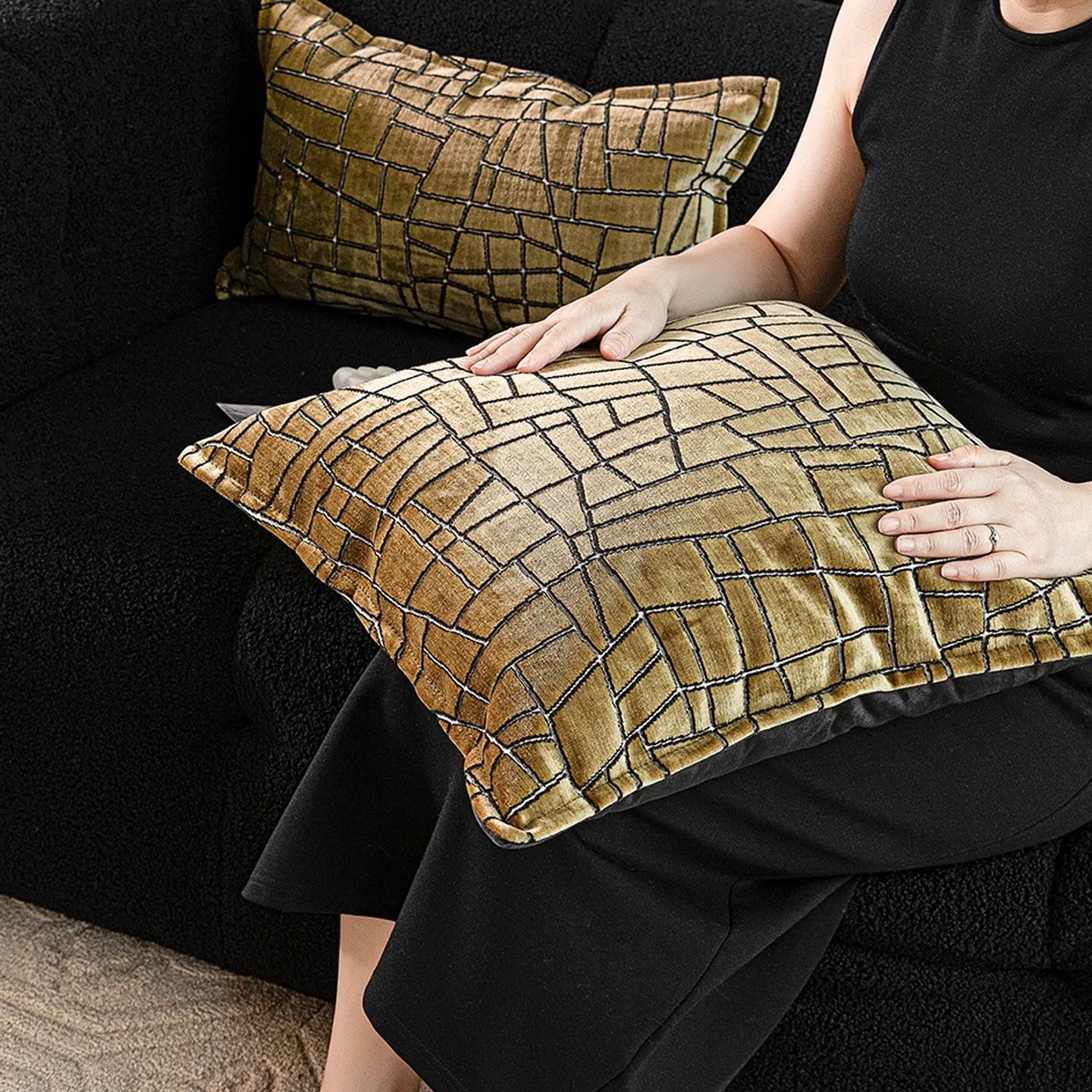 Geometric abstract patterned cushion in local tyrant gold colour, shown in square and lumbar pillow sizes.