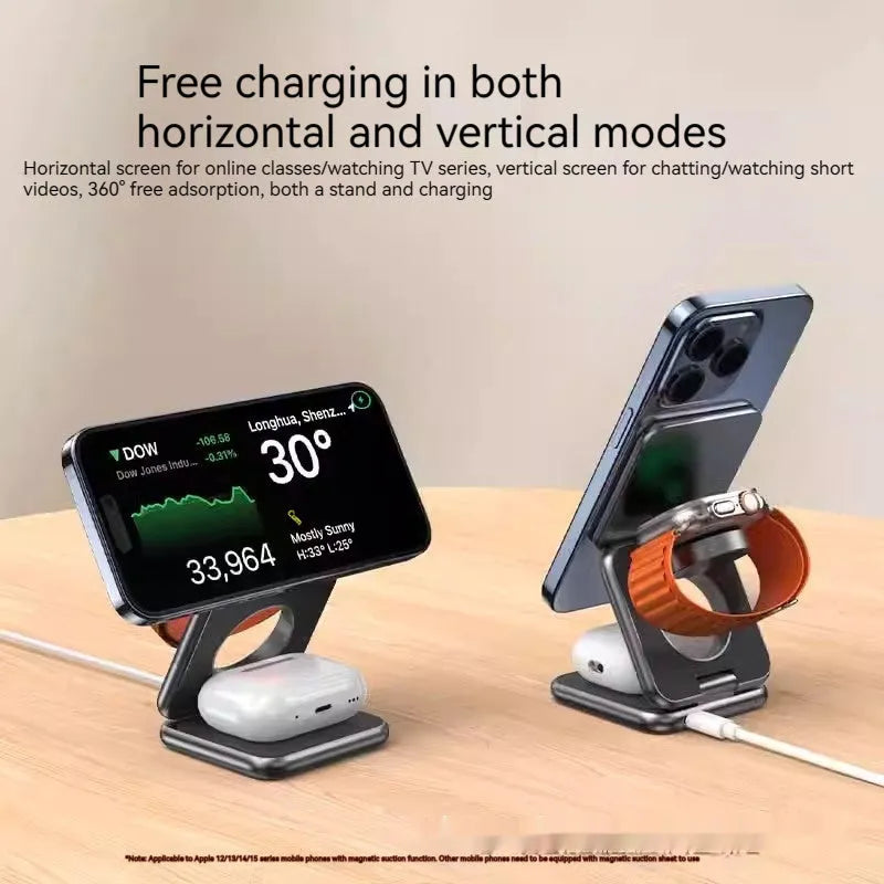 Black foldable magnetic wireless charging phone holder showing its compact size.
