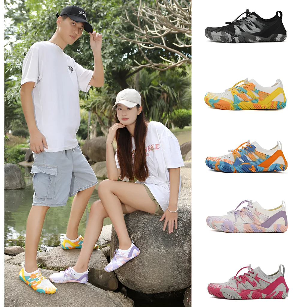 Quick-drying mesh wading outdoor beach shoes with lace-up front and rubber sole.