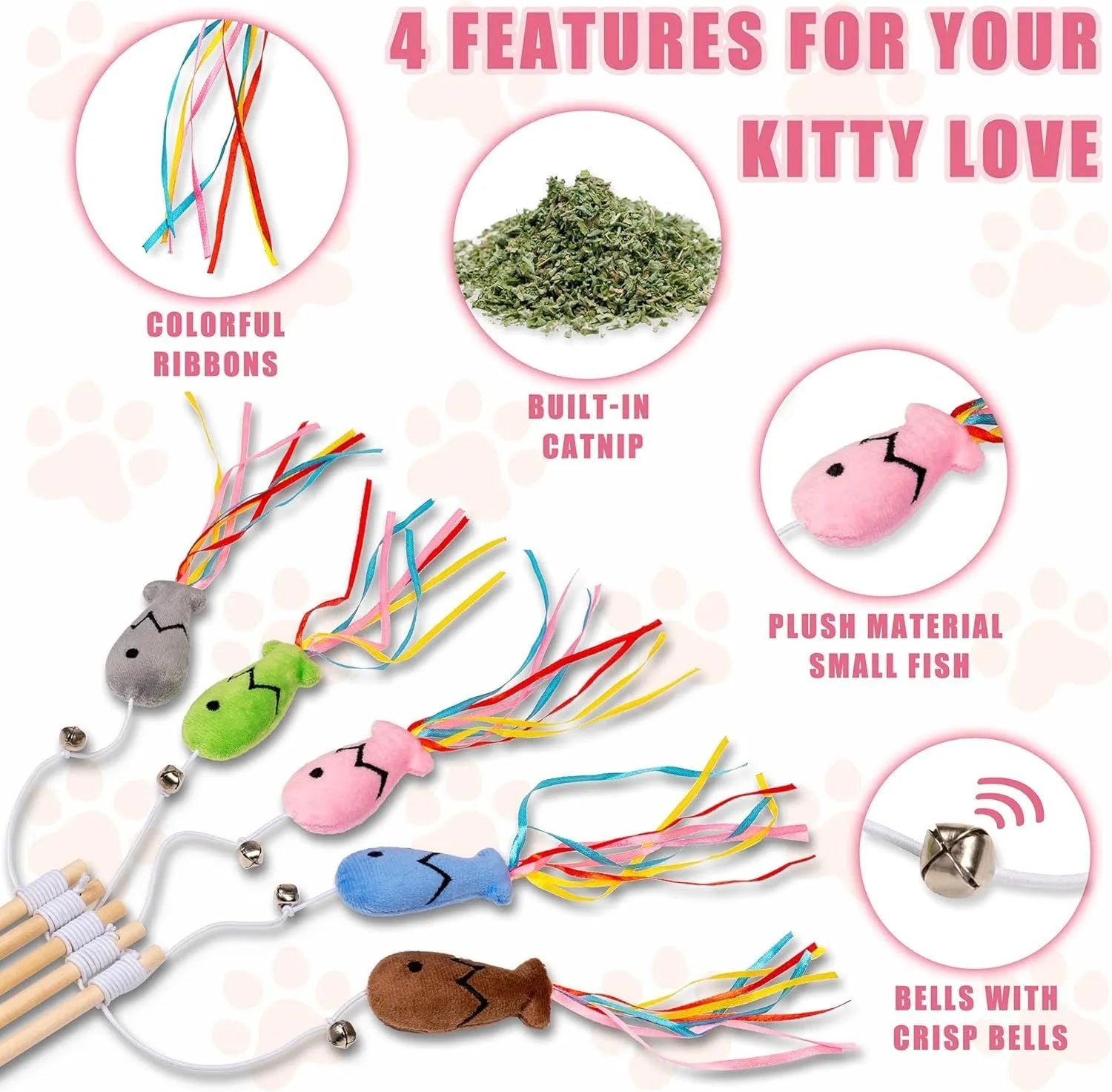 Interactive cat wand toy with wooden handle, colourful ribbons, catnip fish, and bell for indoor cat play