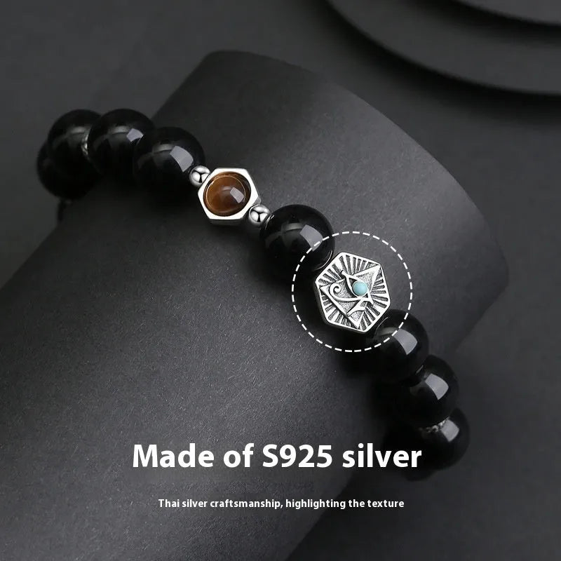 Men's God's Eye bracelet with 8mm obsidian beads and geometric silver design