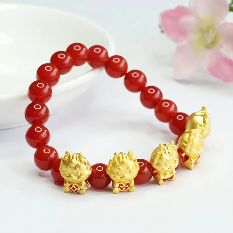 Natural red agate bracelet with Five Blessing Dragon design Chinese style jewellery 8mm diameter