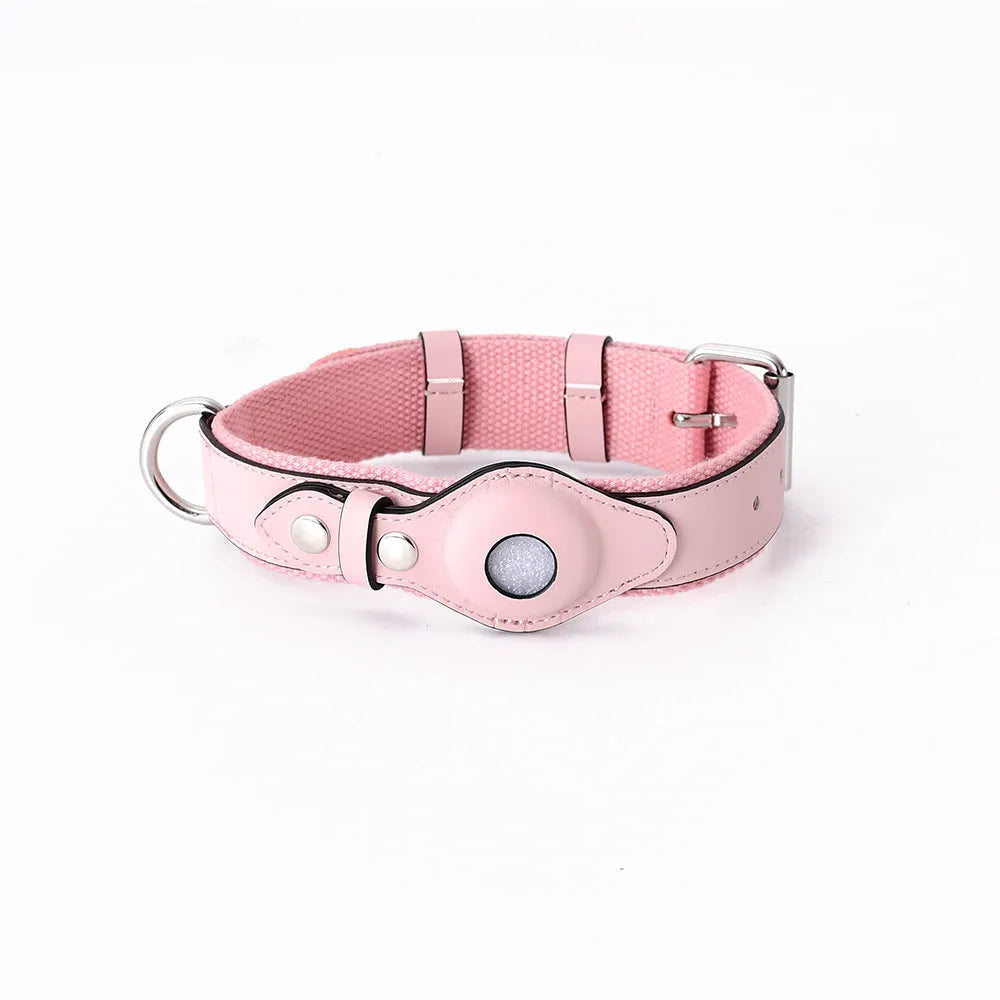 Leather pet collar with AirTag holder in bear brown colour with metal buckle and stitched pocket