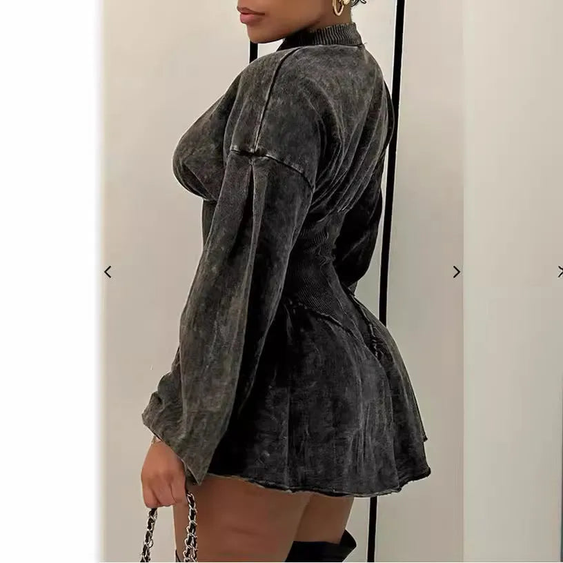 Gray digital print women's A-line dress with drawstring waist and long sleeves