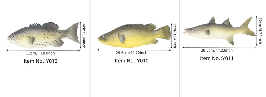 Three PU simulated tuna fish ornaments including yellow-fin tuna and small tuna varieties