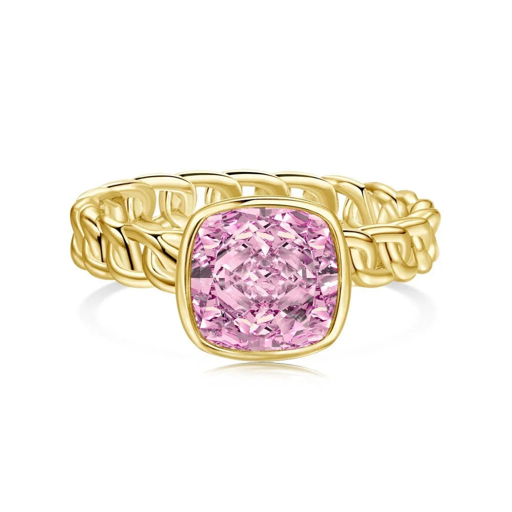 Silver S925 ring with fat square ice flower cut blue diamond, chain band, available in multiple sizes and colours
