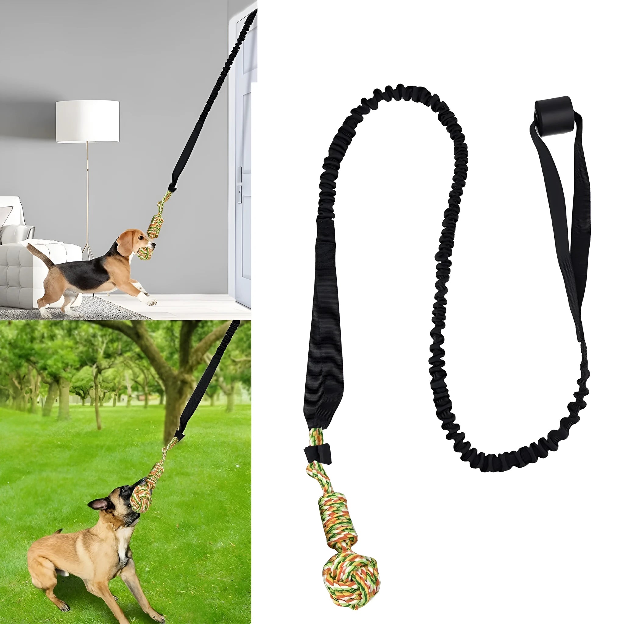 A black, grey, and red cotton rope dog tug toy for chewing and interactive play.