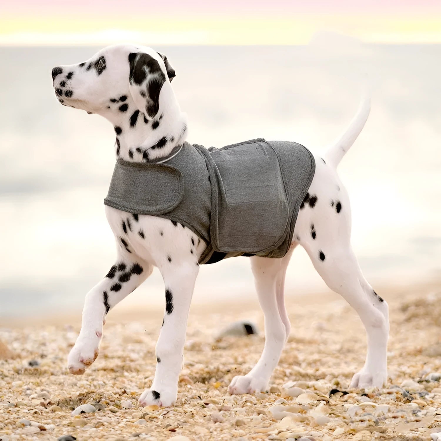 Heather grey dog anxiety jacket and warm vest made from brocade cotton ponte-de-roma fabric.