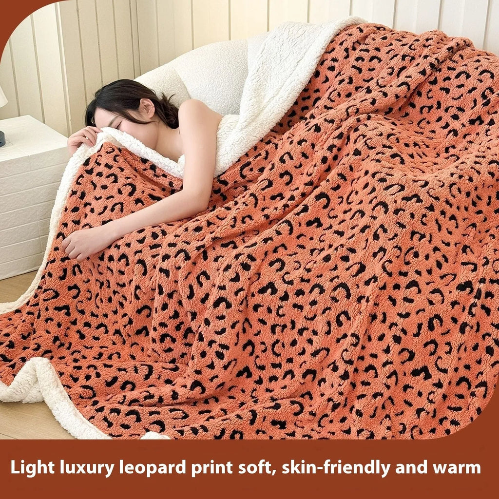 Double-layer cationic leopard jacquard taffeta blanket in animal print pattern showing texture and size options