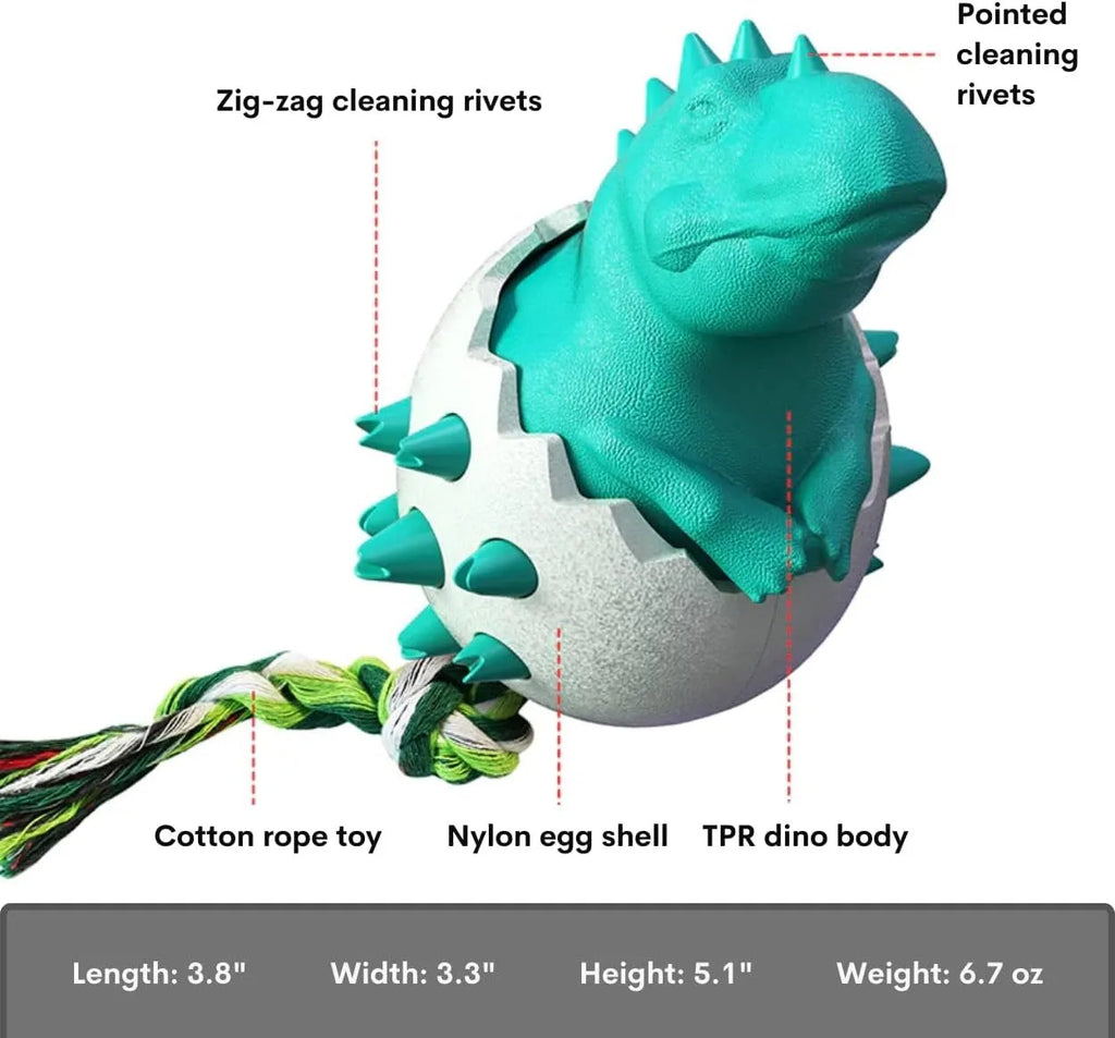 Blue durable rubber and nylon dinosaur-shaped dog chew toy with an integrated rope for fetch and tug games.