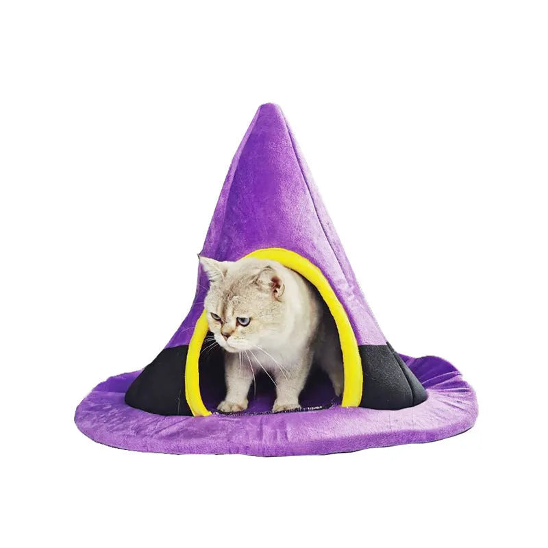 Purple witch hat shaped cat bed measuring 60x45cm with cloth construction